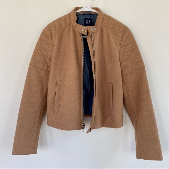GAP Jackets & Blazers - GAP Tan/Camel Wool Blend Moto Jacket | Cropped Fit | Chambray Lining | Like New